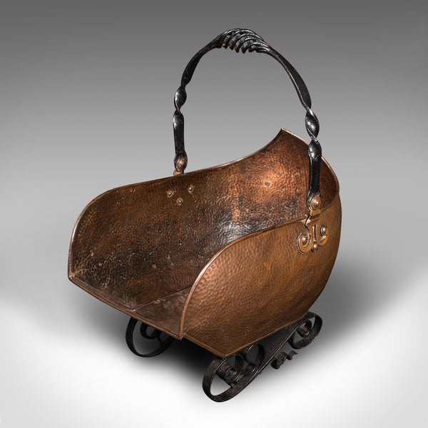 Antique Art Nouveau Coal Scuttle, English Copper, Fireside Log Bucket, Victorian