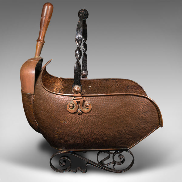 Antique Art Nouveau Coal Scuttle, English Copper, Fireside Log Bucket, Victorian