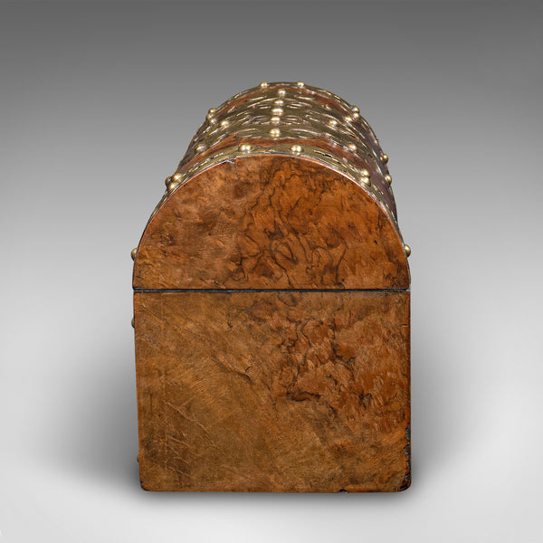 Antique Domed Top Caddy, English, Burr Walnut, Brass, Keepsake Box, Victorian