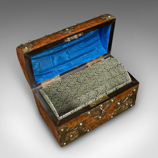 Antique Domed Top Caddy, English, Burr Walnut, Brass, Keepsake Box, Victorian