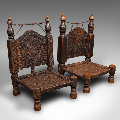 Near Pair Of Antique Carved Temple Chairs, Burmese, Decor, Colonial, Victorian