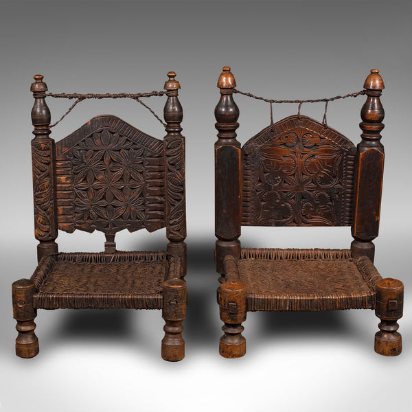 Near Pair Of Antique Carved Temple Chairs, Burmese, Decor, Colonial, Victorian