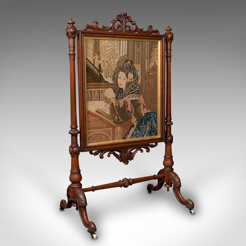 Antique Tapestry Fire Screen, English, Walnut, Needlepoint, Fireside, Victorian