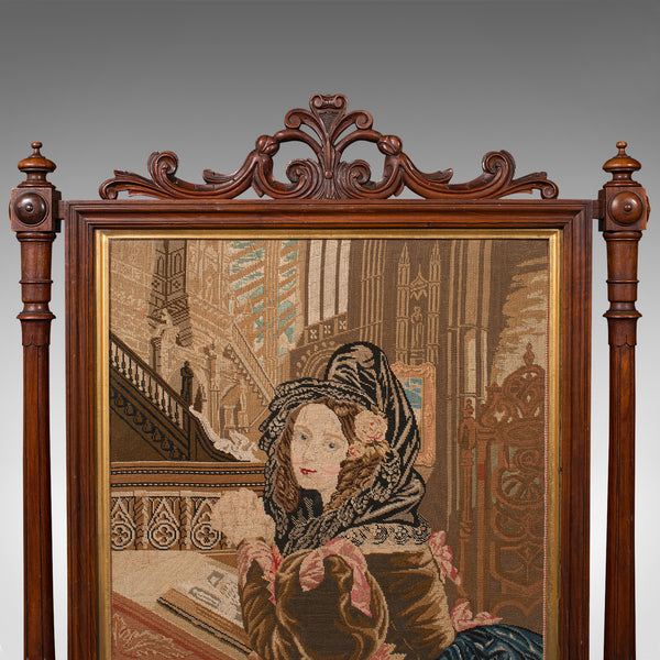 Antique Tapestry Fire Screen, English, Walnut, Needlepoint, Fireside, Victorian