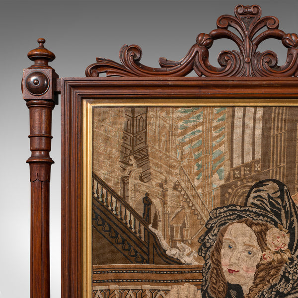 Antique Tapestry Fire Screen, English, Walnut, Needlepoint, Fireside, Victorian