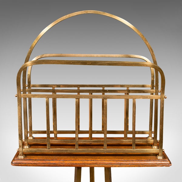 Antique Newspaper Stand, English, Oak, Brass, Magazine Rack, Victorian, C.1900