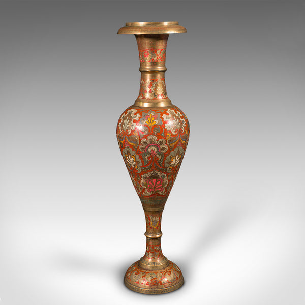Tall Vintage Pampas Grass Vase, Indian Enamelled Brass, Display Urn, Mid Century