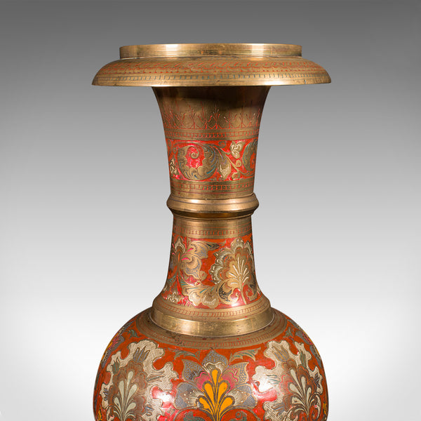 Tall Vintage Pampas Grass Vase, Indian Enamelled Brass, Display Urn, Mid Century