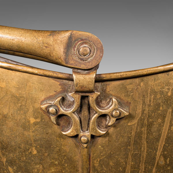 Antique Art Nouveau Fireside Bucket, English, Brass, Log, Coal Bin, Victorian