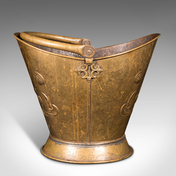 Antique Art Nouveau Fireside Bucket, English, Brass, Log, Coal Bin, Victorian