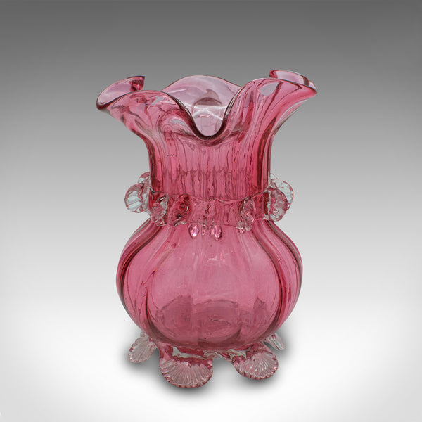 Vintage Cranberry Glass Stem Vase Set, English, Decorative, Flower Slip, Jug