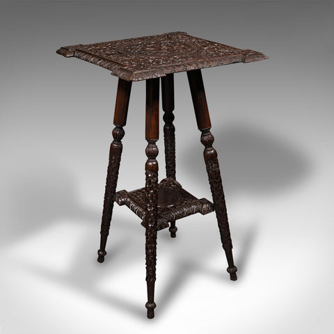 Small Antique Lamp Table, Indian, Carved Teak, Decorative, Occasional, Victorian