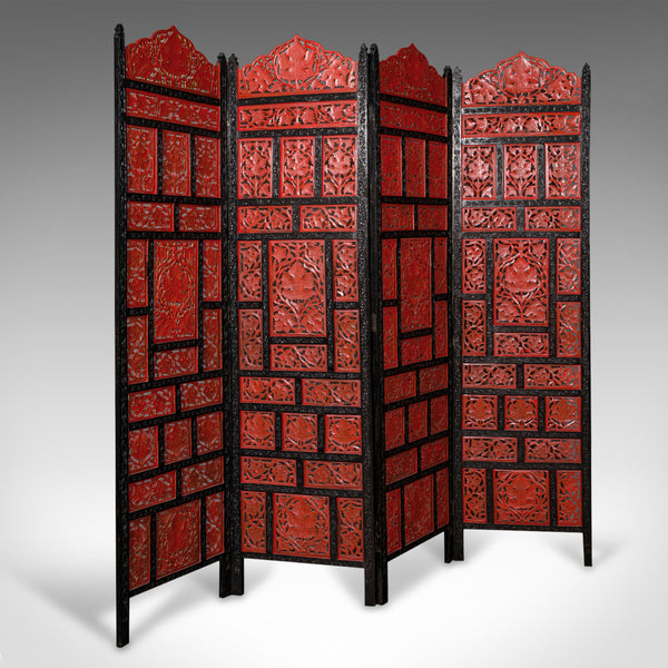 Vintage Carved Privacy Screen, Chinese, Four Panel Room Divider, Art Deco, 1940