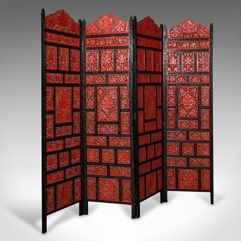 Vintage Carved Privacy Screen, Chinese, Four Panel Room Divider, Art Deco, 1940