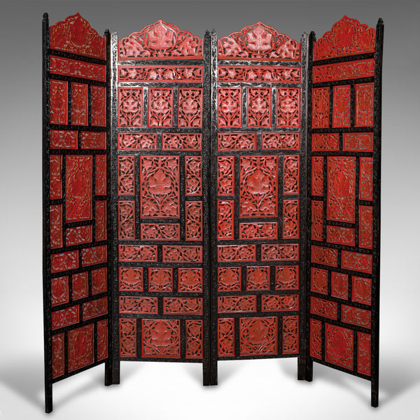 Vintage Carved Privacy Screen, Chinese, Four Panel Room Divider, Art Deco, 1940
