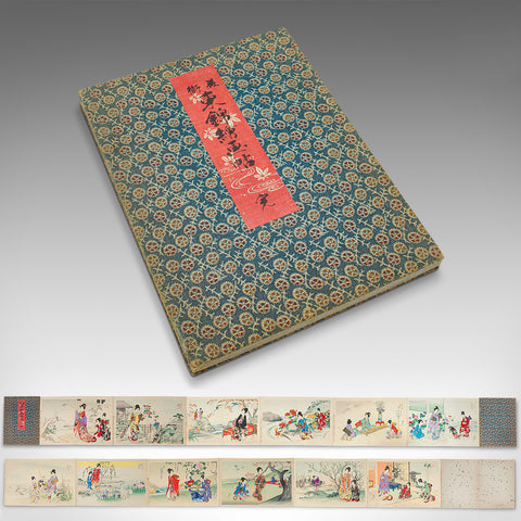 Antique Fold-Out Illustrated Book, Japanese, Woodblock Print, Linen, Meiji, 1900