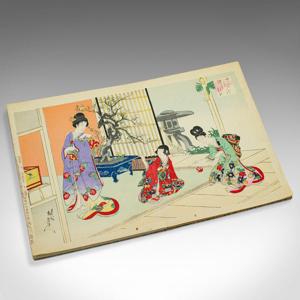 Antique Fold-Out Illustrated Book, Japanese, Woodblock Print, Linen, Meiji, 1900