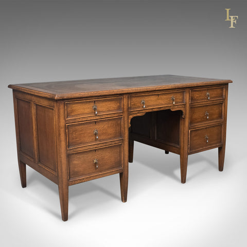 1930's Vintage Oak Desk by Maggs & Co, English Pedestal Library - London Fine Antiques