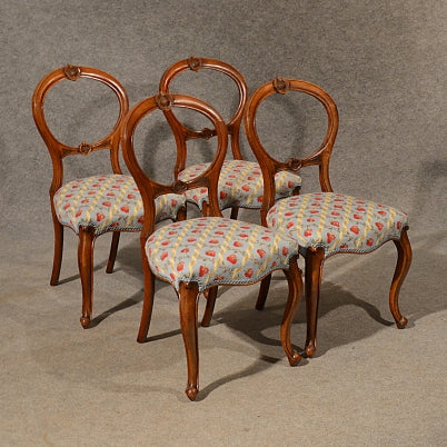 Antique Dining Chairs Walnut Balloon Back Tapestry Needlepoint English C1850 - London Fine Antiques
