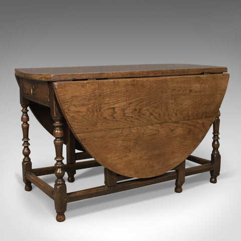 Antique Drop Leaf Dining Table, English Oak, Ovular, Six Seater, Circa 1700 - London Fine Antiques