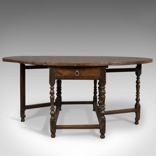 Antique Drop Leaf Dining Table, English Oak, Ovular, Six Seater, Circa 1700 - London Fine Antiques