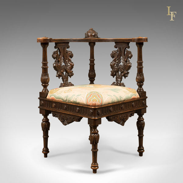Antique Corner Armchair, Carved Victorian Chair c.1870 - London Fine Antiques