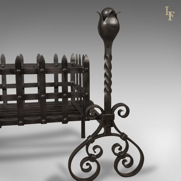 Antique Fire Basket, Large Victorian Iron Grate on Andirons c.1900 - London Fine Antiques