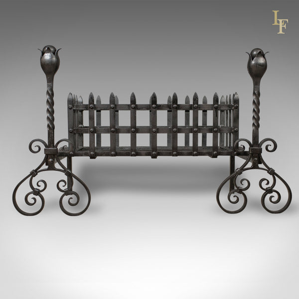 Antique Fire Basket, Large Victorian Iron Grate on Andirons c.1900 - London Fine Antiques