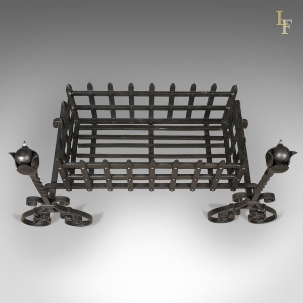 Antique Fire Basket, Large Victorian Iron Grate on Andirons c.1900 - London Fine Antiques