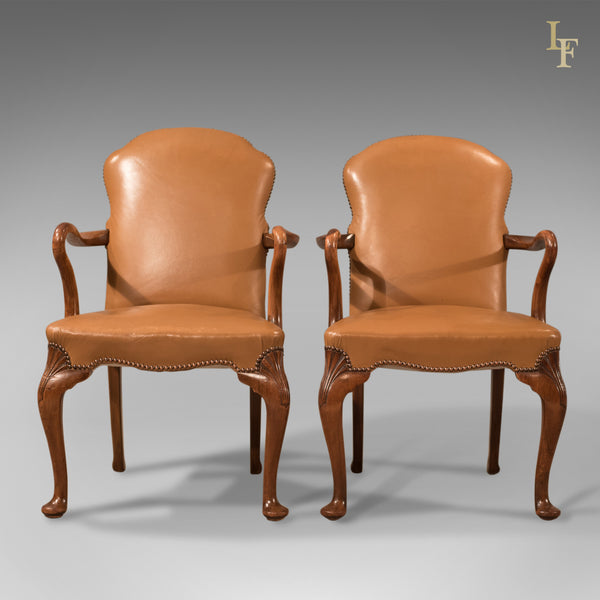 Antique Pair of Armchairs, Edwardian Leather Chairs - London Fine Antiques
