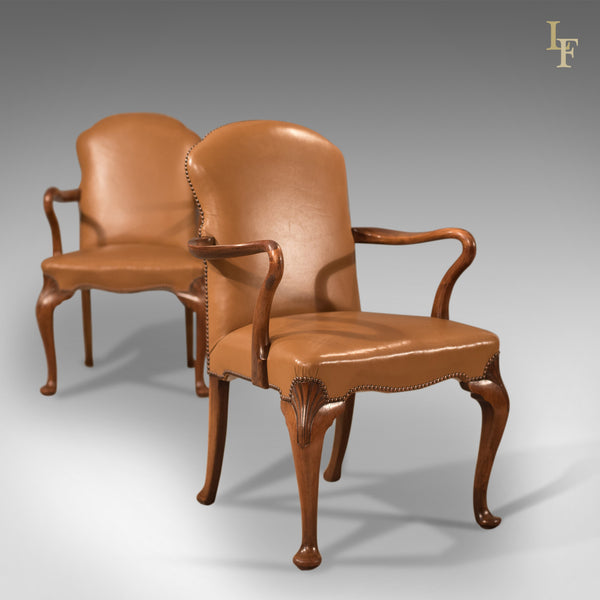 Antique Pair of Armchairs, Edwardian Leather Chairs - London Fine Antiques