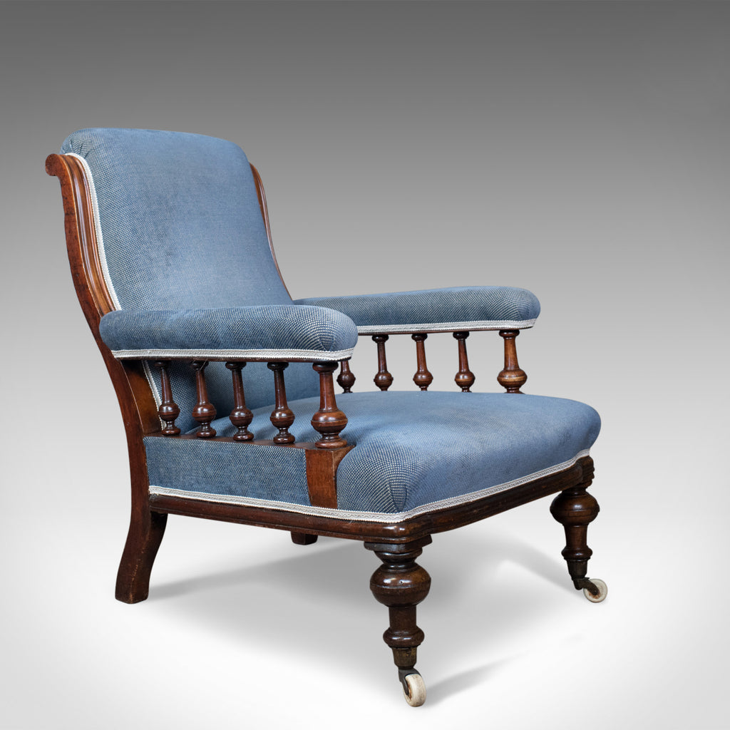 Antique Armchair, English, Victorian, Club Chair, Walnut, Blue, Circa 1880 - London Fine Antiques