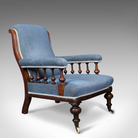 Antique Armchair, English, Victorian, Club Chair, Walnut, Blue, Circa 1880 - London Fine Antiques