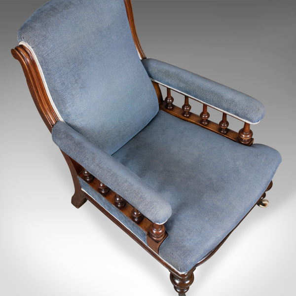 Antique Armchair, English, Victorian, Club Chair, Walnut, Blue, Circa 1880 - London Fine Antiques