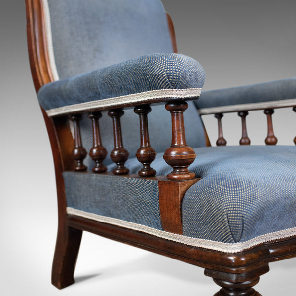 Antique Armchair, English, Victorian, Club Chair, Walnut, Blue, Circa 1880 - London Fine Antiques
