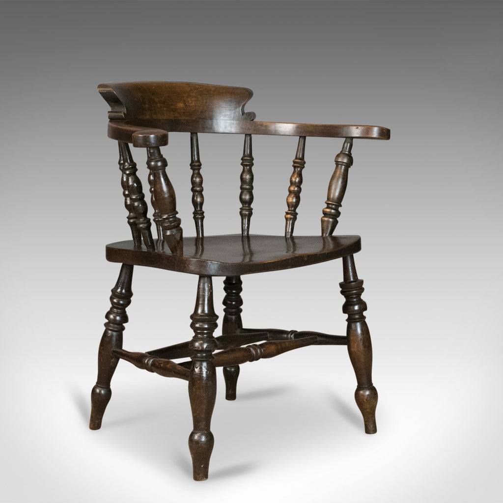 Antique Armchair, English, Victorian, Elm Bow Back, Smokers Captains Chair C1900 - London Fine Antiques