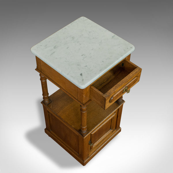 Antique Bedside Cabinet, French, Oak, Marble, Lamp, Nightstand, Circa 1930 - London Fine Antiques