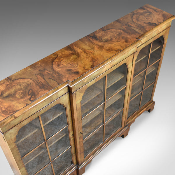 Antique Breakfront Bookcase, Victorian Burr Walnut Glazed Display Cabinet c1890 - London Fine Antiques