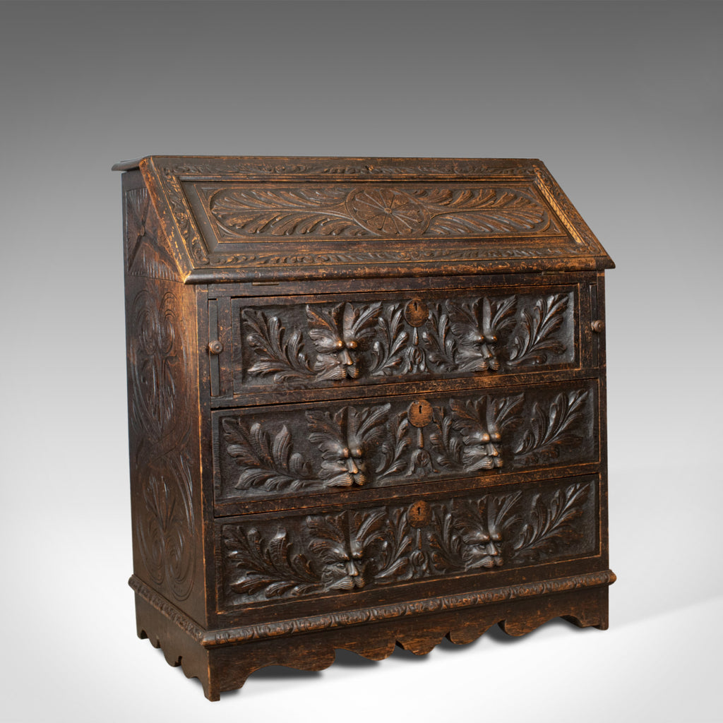 Antique Bureau, English, Oak, Victorian, Green Man, Writing Desk, Circa 1880 - London Fine Antiques