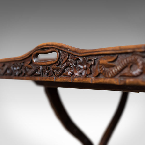 Antique Butler's Tray Table, Carved, Oriental Teak, Folding Stand, Circa 1900 - London Fine Antiques