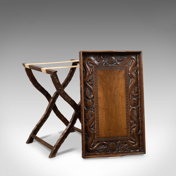 Antique Butler's Tray Table, Carved, Oriental Teak, Folding Stand, Circa 1900 - London Fine Antiques