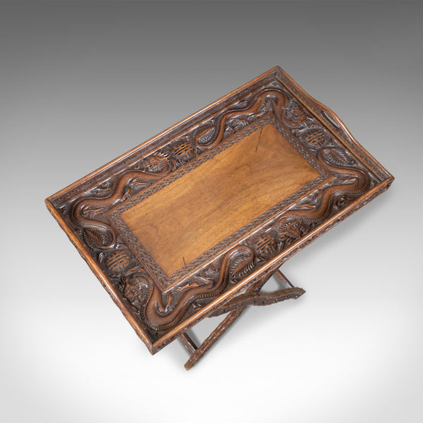 Antique Butler's Tray Table, Carved, Oriental Teak, Folding Stand, Circa 1900 - London Fine Antiques
