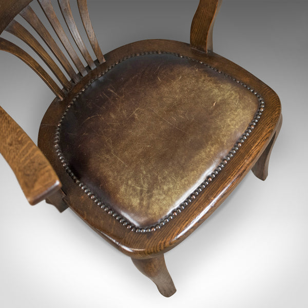 Antique Captain's Chair, English, Oak, Bow-Back, Leather, Smokers Circa 1910 - London Fine Antiques