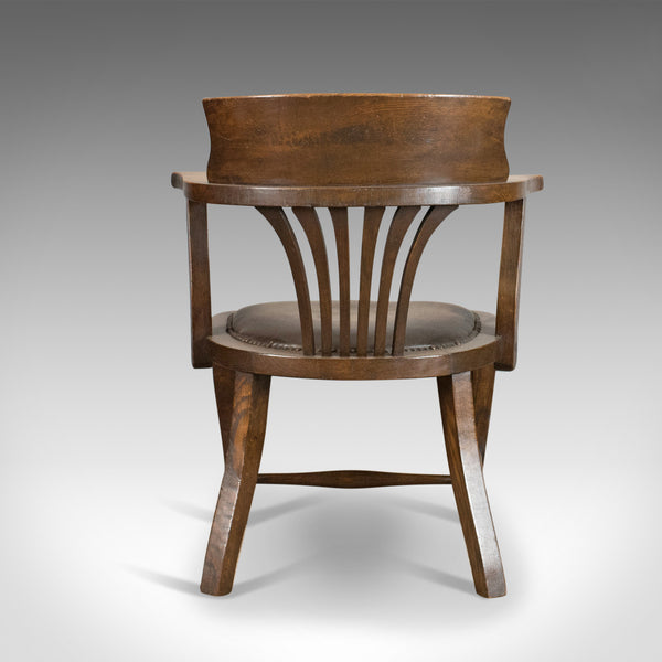 Antique Captain's Chair, English, Oak, Bow-Back, Leather, Smokers Circa 1910 - London Fine Antiques