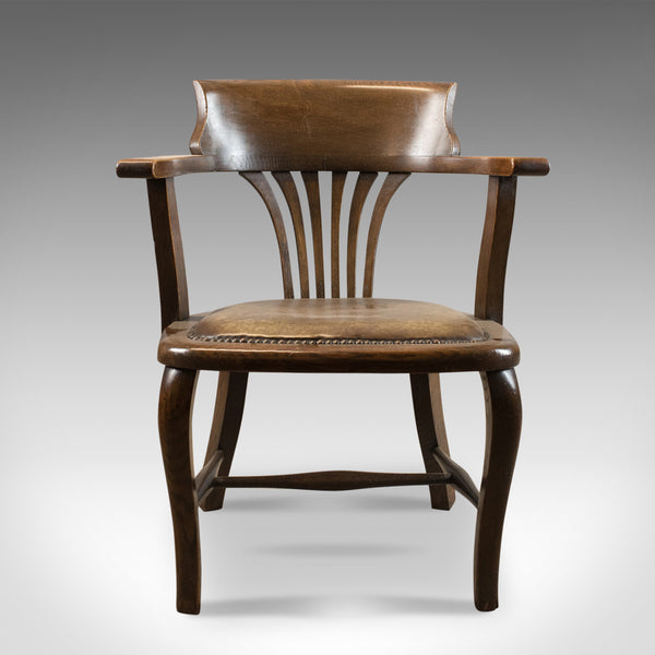 Antique Captain's Chair, English, Oak, Bow-Back, Leather, Smokers Circa 1910 - London Fine Antiques