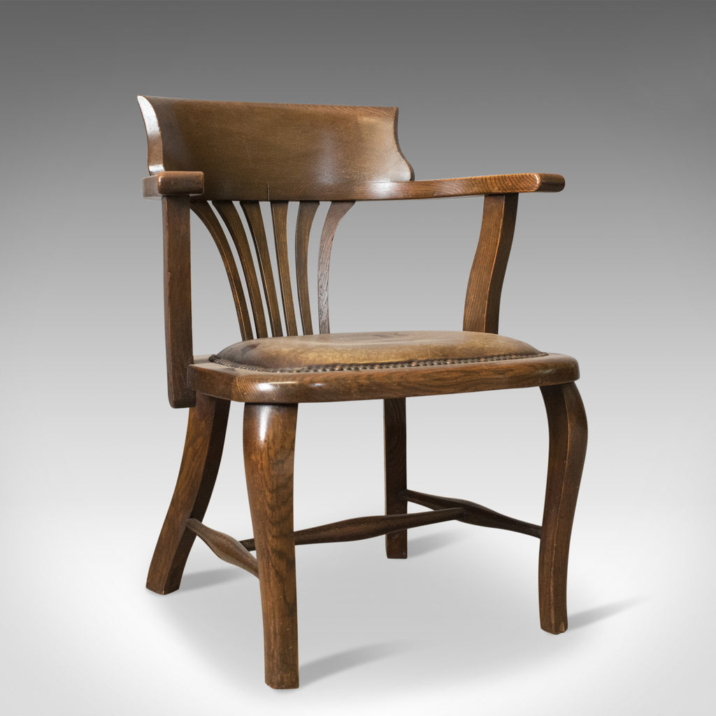Antique Captain's Chair, English, Oak, Bow-Back, Leather, Smokers Circa 1910 - London Fine Antiques