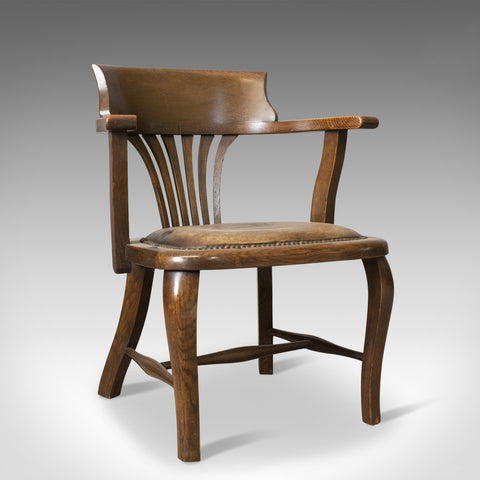 Antique Captain's Chair, English, Oak, Bow-Back, Leather, Smokers Circa 1910 - London Fine Antiques