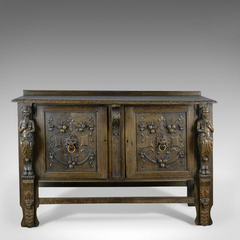 Large Carved Oak Cabinet, English Sideboard, Jacobean Revival Cupboard, c.1940 - London Fine Antiques