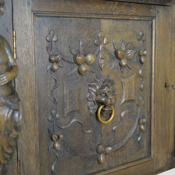 Large Carved Oak Cabinet, English Sideboard, Jacobean Revival Cupboard, c.1940 - London Fine Antiques