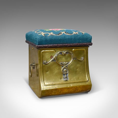 Antique Coal Bin Stool, Victorian, Brass, Fireside, Box, Needlepoint, Circa 1880 - London Fine Antiques